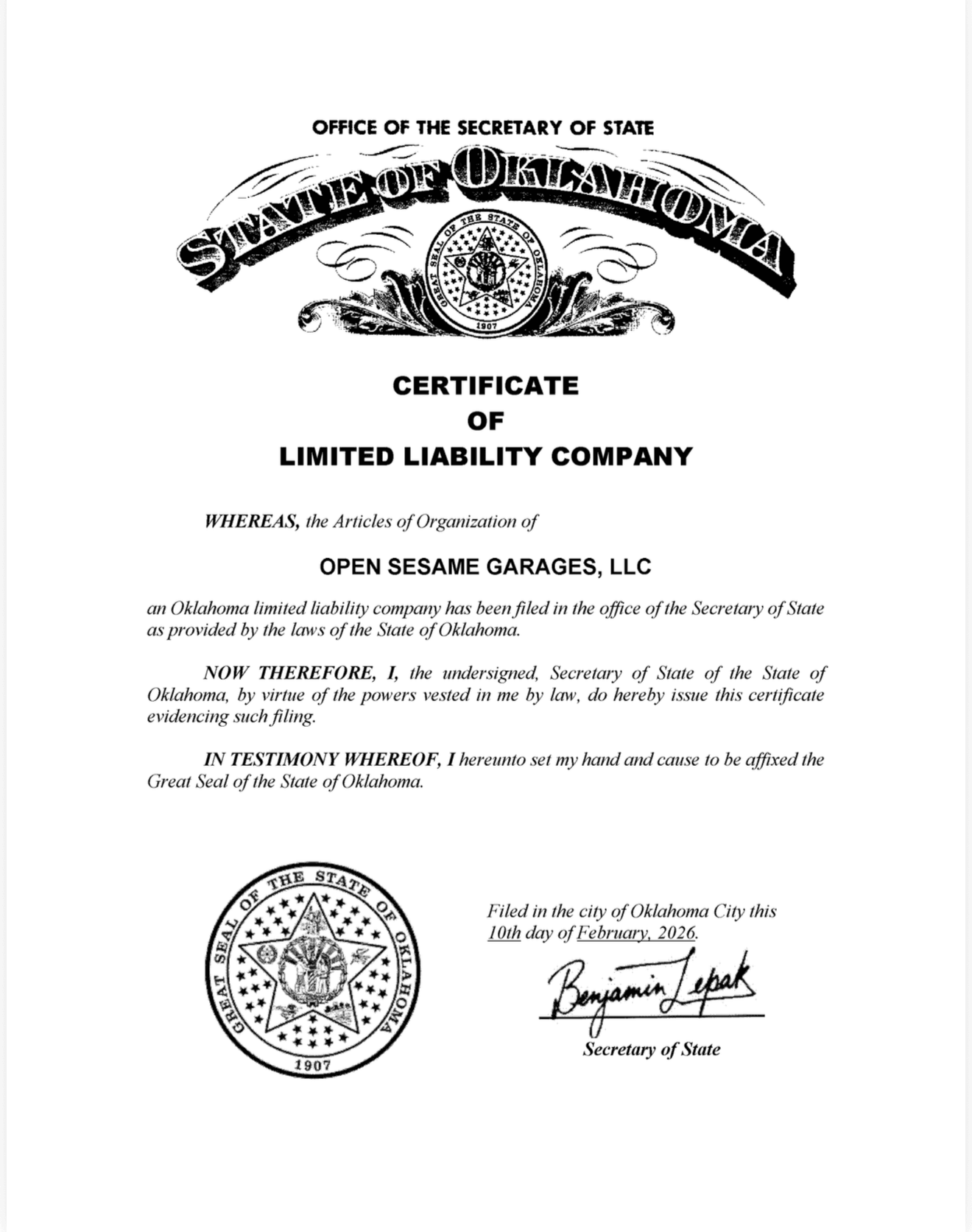 Open Sesame Garages LLC Certificate